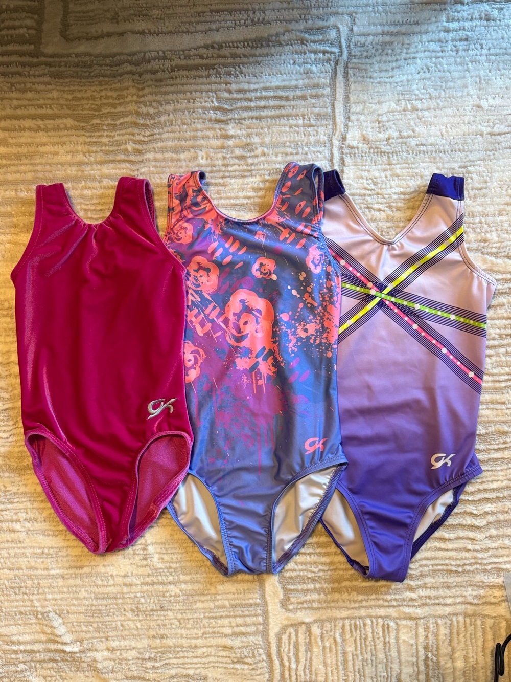 GK Girls' Magenta, Blue/Purple/Pink & Purple/Neon Stripes Gymnastics Leotard Set